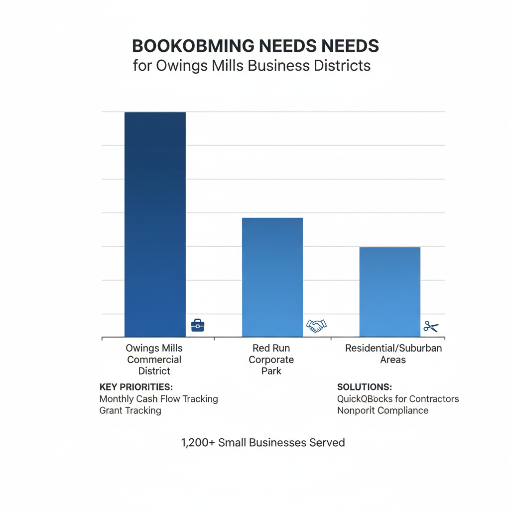 Bar chart comparing business density and bookkeeping priorities across Owings Mills districts