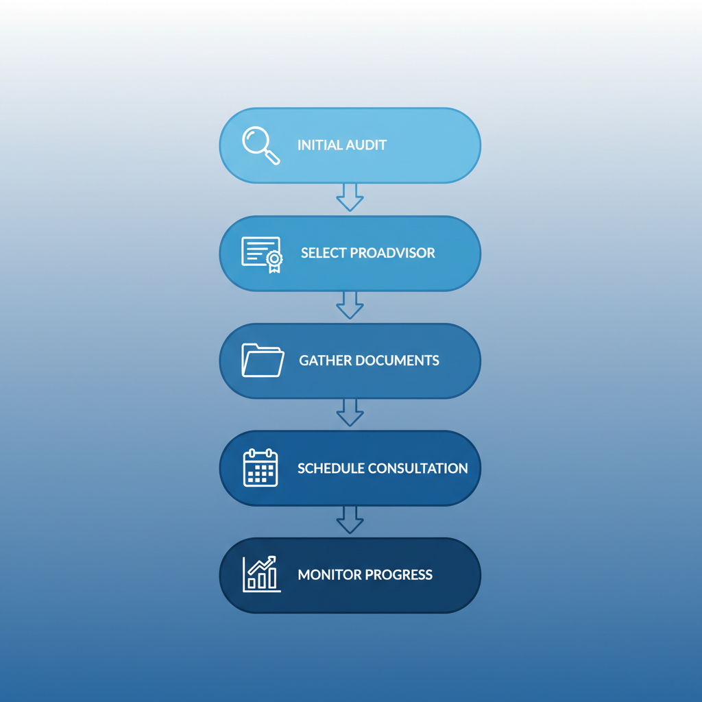 Vertical process flow diagram illustrating the five key steps to begin bookkeeping services in Catonsville