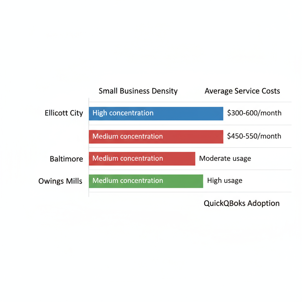 Horizontal bar chart comparing small business density, service costs, and QuickBooks adoption across Ellicott City, Baltimore, and Owings Mills
