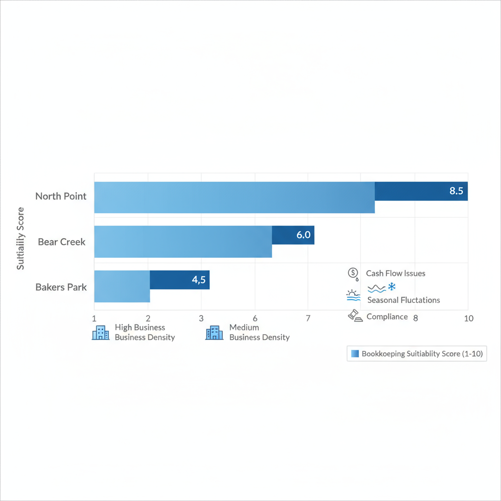 Horizontal bar chart comparing bookkeeping suitability scores in Dundalk neighborhoods: North Point, Bear Creek, and Bakers Park, with business density icons and challenge labels.