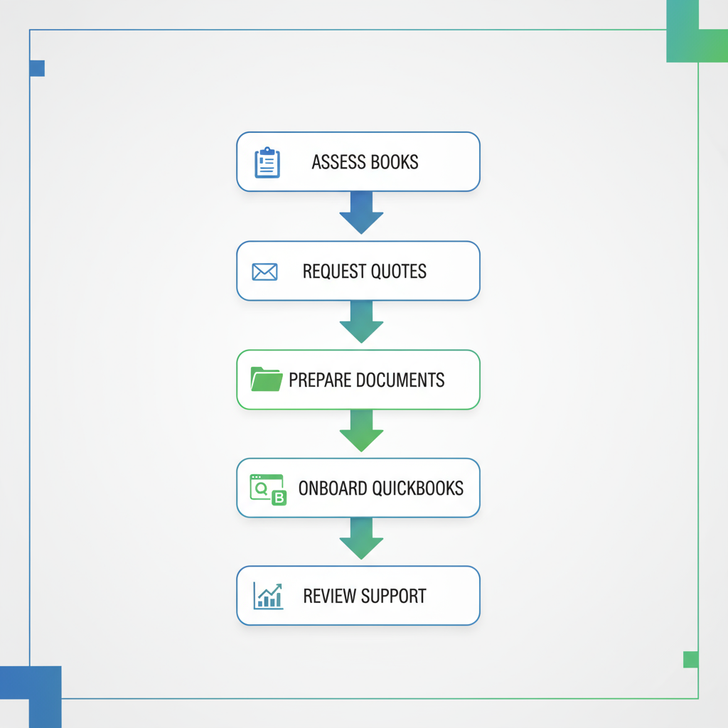 Vertical process flow illustrating five steps to engage bookkeeping support in Dundalk with icons and minimal labels