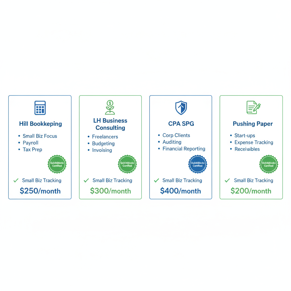 Infographic comparing four local bookkeeping providers in Lutherville-Timonium MD with services, costs, and specializations