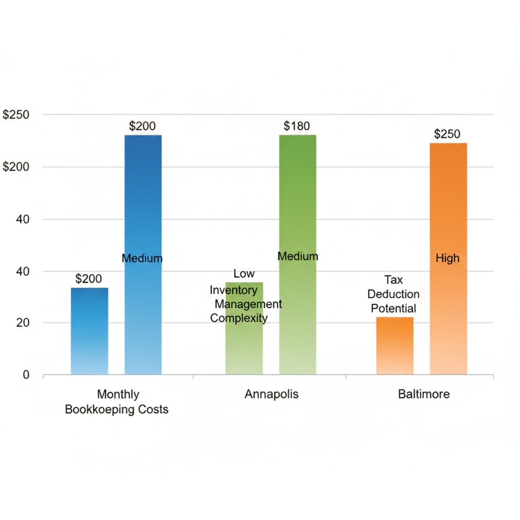Bar chart comparing monthly bookkeeping costs, inventory management complexity, and tax deduction potential in Towson, Annapolis, and Baltimore