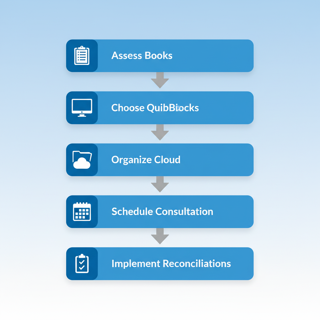 Vertical process flow diagram showing five steps to begin boutique accounting in Towson with icons and labels