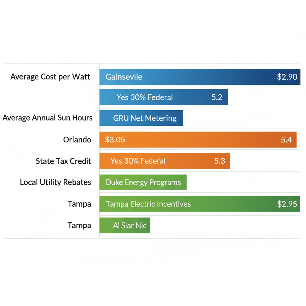 Horizontal Bar Chart Comparing Solar Panel Costs, Sun Hours, Tax Credits, And Rebates In Gainesville, Orlando, And Tampa