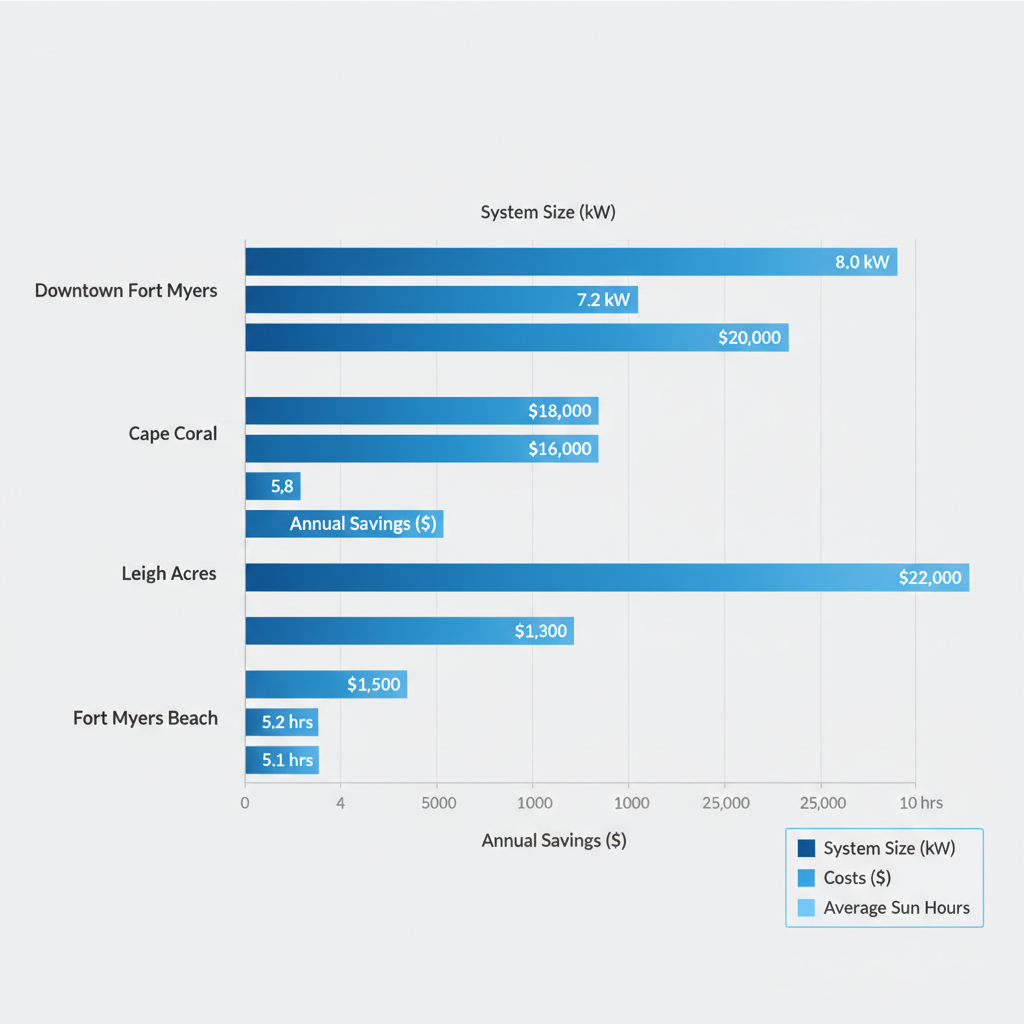 Horizontal Bar Chart Comparing Solar System Sizes, Installation Costs, Annual Savings, And Average Sun Hours In Four Fort Myers Neighborhoods: Downtown Fort Myers, Cape Coral, Lehigh Acres, And Fort Myers Beach.