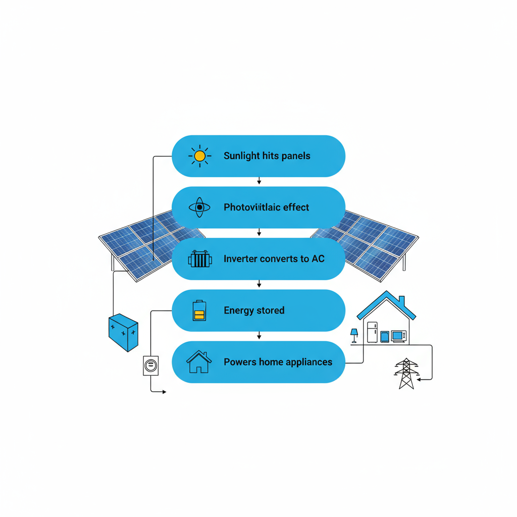 Vertical Process Flow Diagram Showing How Solar Panels Convert Sunlight Into Home Electricity Through Five Stages