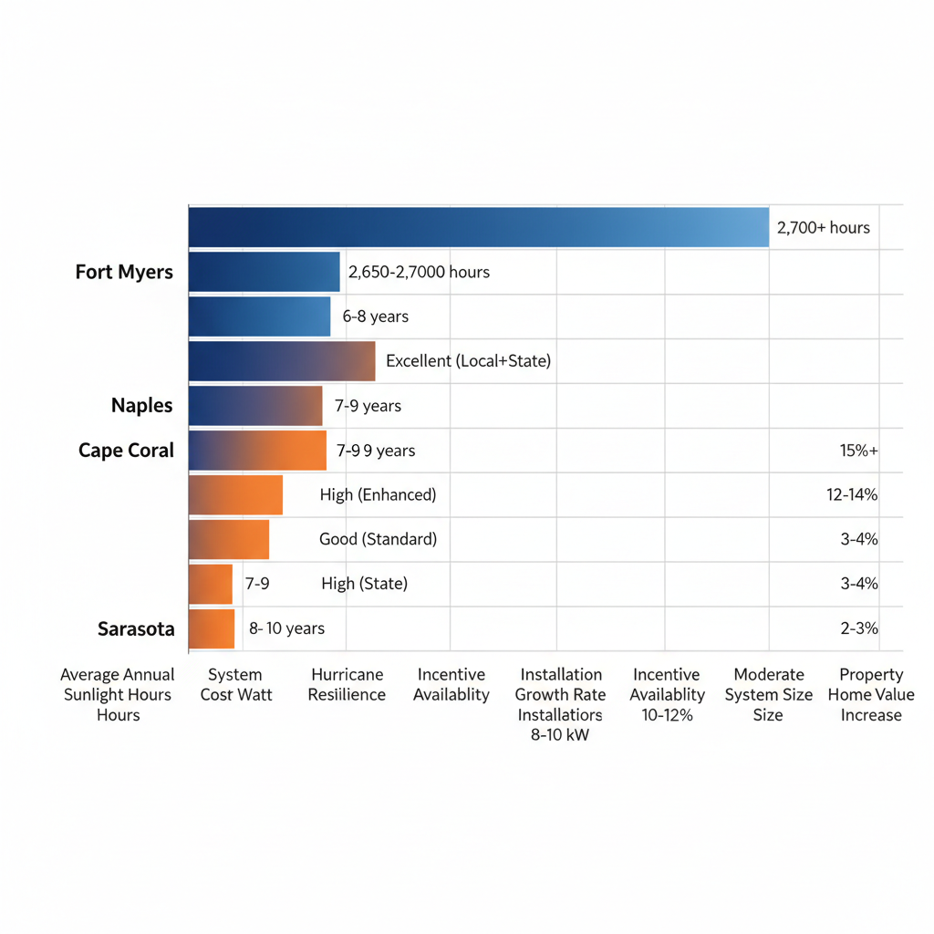 Horizontal Bar Chart Comparing Solar Metrics Such As Sunlight Hours, Costs, And Incentives Across Fort Myers And Nearby Florida Cities