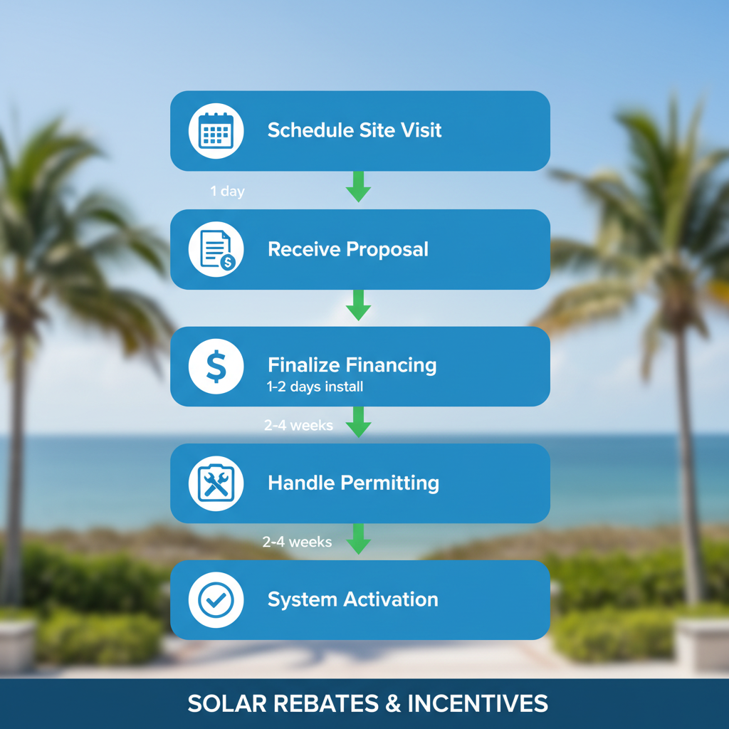 Vertical Process Flow Diagram Illustrating Six Steps For Solar Installation In Fort Myers With Icons, Arrows, And Timeline Notes On A Subtle Coastal Background.