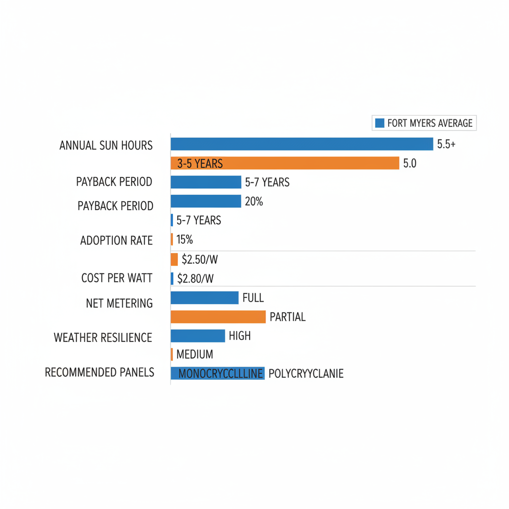 Horizontal Bar Chart Comparing Fort Myers Solar Metrics Like Sun Hours, Payback, Adoption, And Costs To Florida Averages