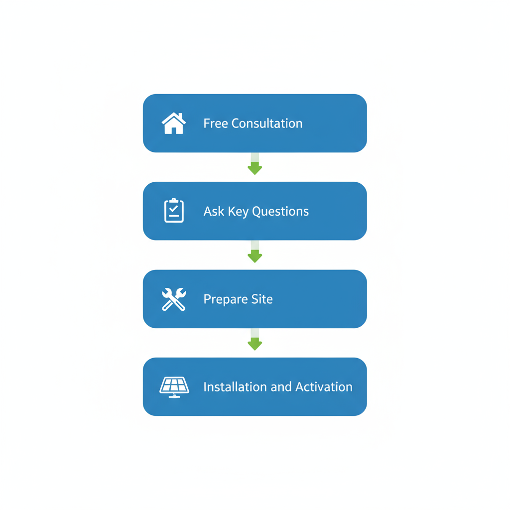 Vertical Process Flow Illustrating Four Key Steps For Solar Installation In Fort Myers: Consultation, Questions, Site Preparation, And Activation.