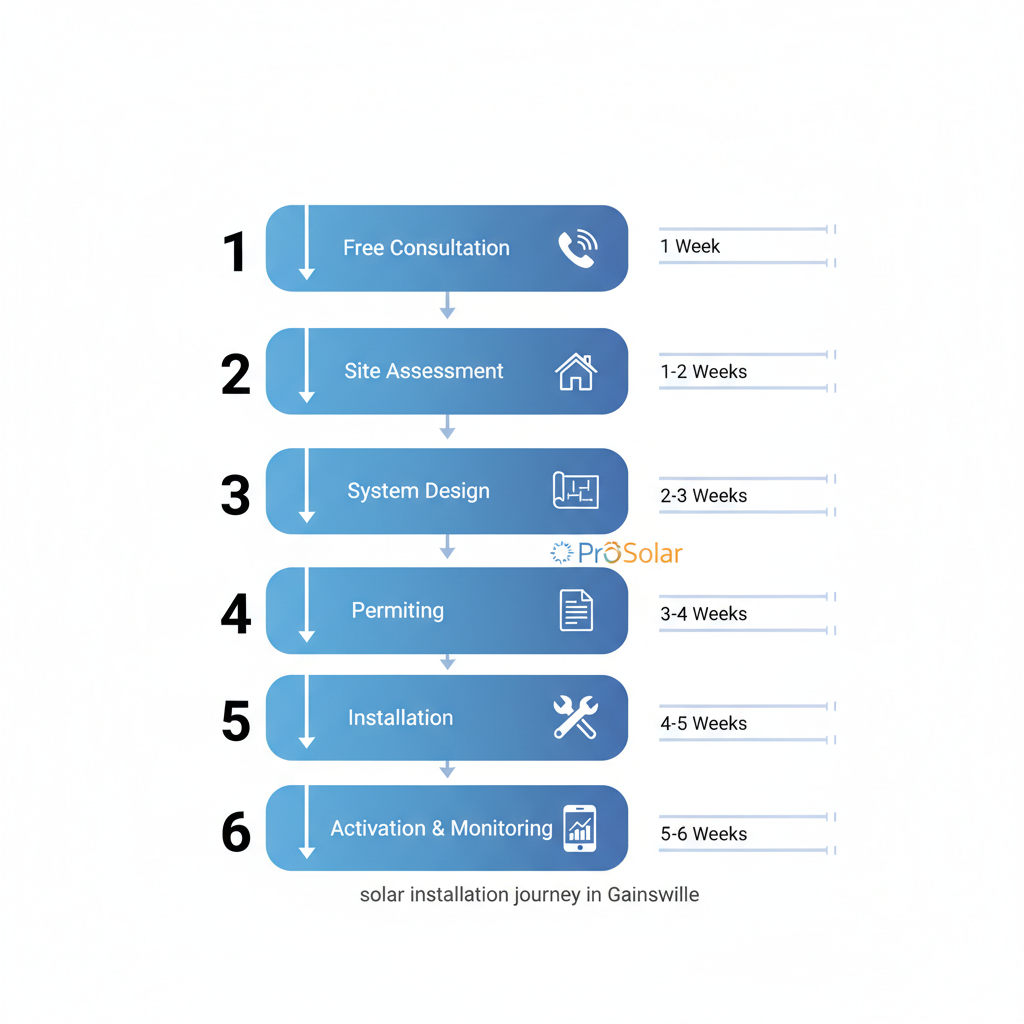Vertical Flowchart Illustrating The Six Key Stages Of Solar Installation Process In Gainesville With Icons And Timeline.