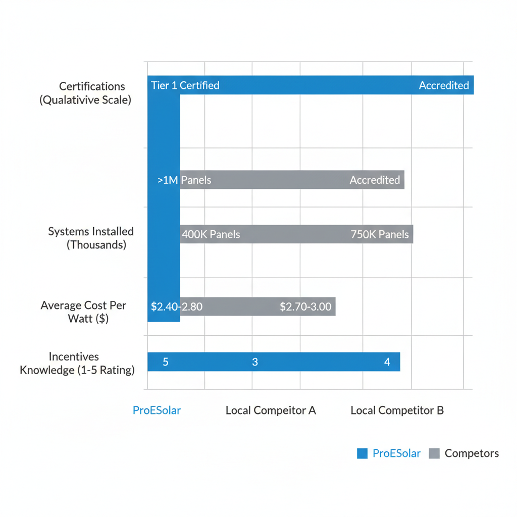 Horizontal Bar Chart Comparing Top Gainesville Solar Providers On Certifications, Systems Installed, Cost Per Watt, And Incentives Knowledge