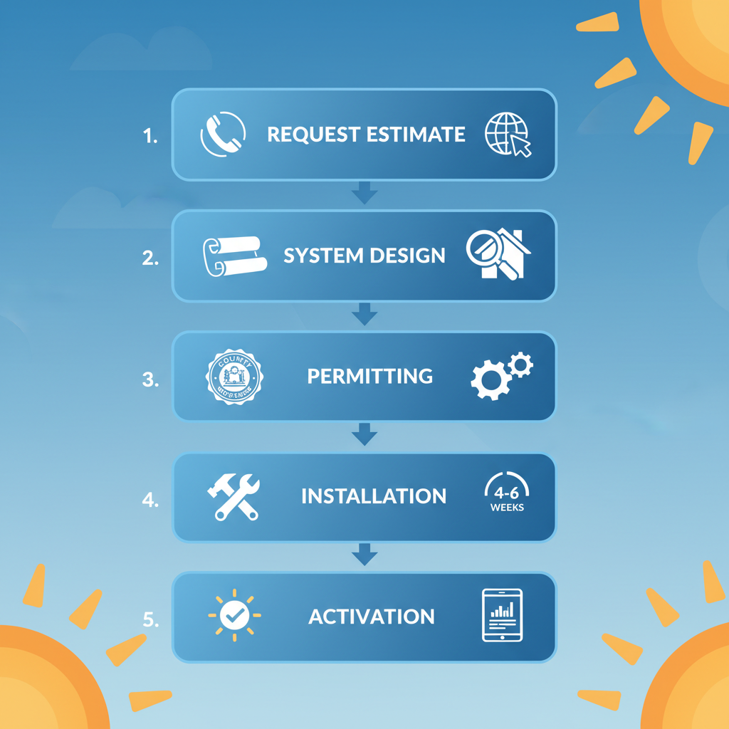 Vertical Process Flow Diagram Illustrating The Five Steps To Solar Adoption In Fort Myers: Requesting A Free Site Estimate, System Design Consultation, Permitting And Interconnection, Installation, And Activation And Monitoring.