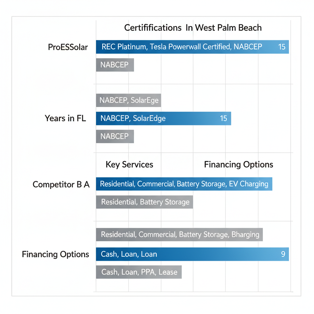 Horizontal Bar Chart Comparing West Palm Beach Solar Companies By Certifications, Experience, Services, And Financing Options