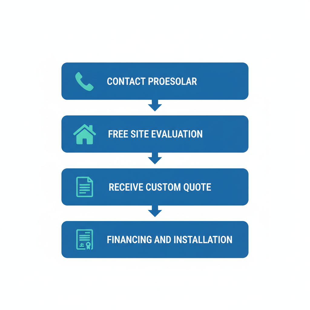 Vertical Flowchart Illustrating Four Steps To Begin A Solar Project: Contact, Site Evaluation, Custom Quote, And Financing Installation.