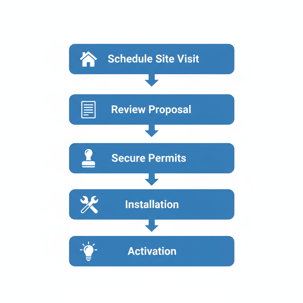 Vertical Process Flow Diagram Outlining Five Steps For Solar Installation In West Palm Beach With Icons And Arrows