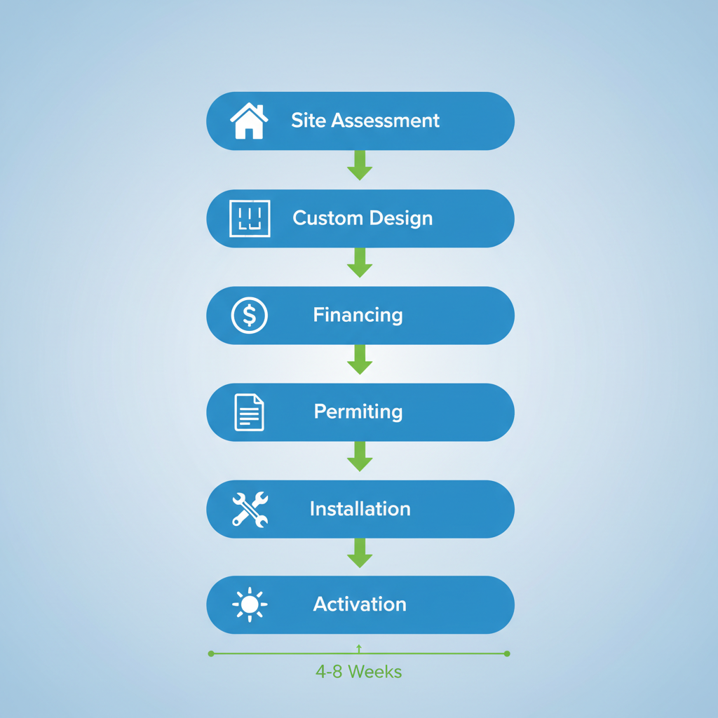 Vertical Process Flow Diagram Of Six Steps For Launching A Solar Project In West Palm Beach With Icons And Timeline