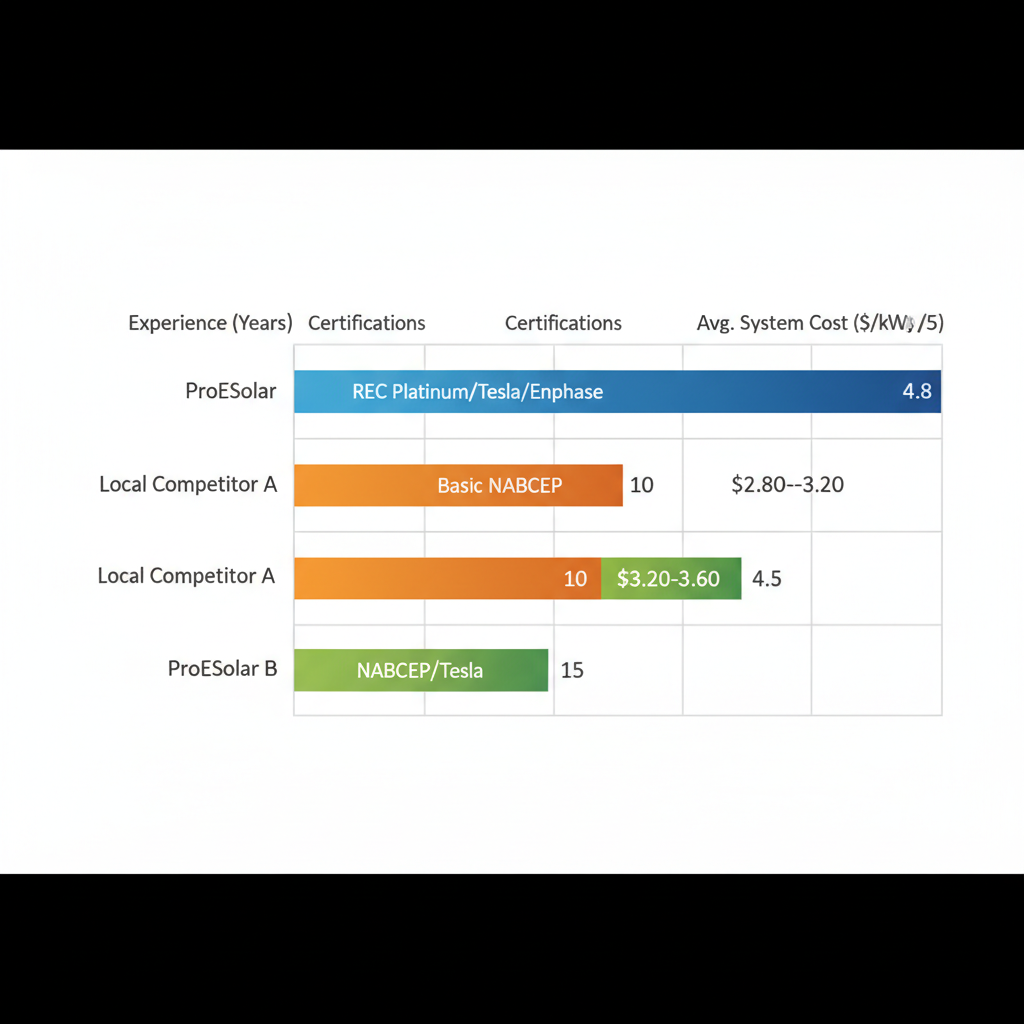 Horizontal Bar Chart Comparing Gainesville Solar Providers By Experience, Certifications, Cost Per Kw, And Customer Ratings