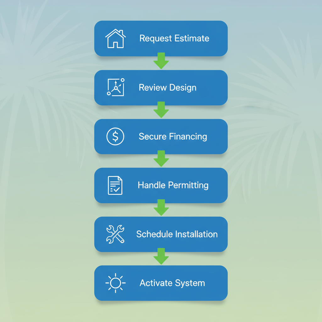 Vertical Process Flow Diagram Showing Six Steps For Solar Installation In Gainesville With Icons And Green Arrows On Subtle Palm Background