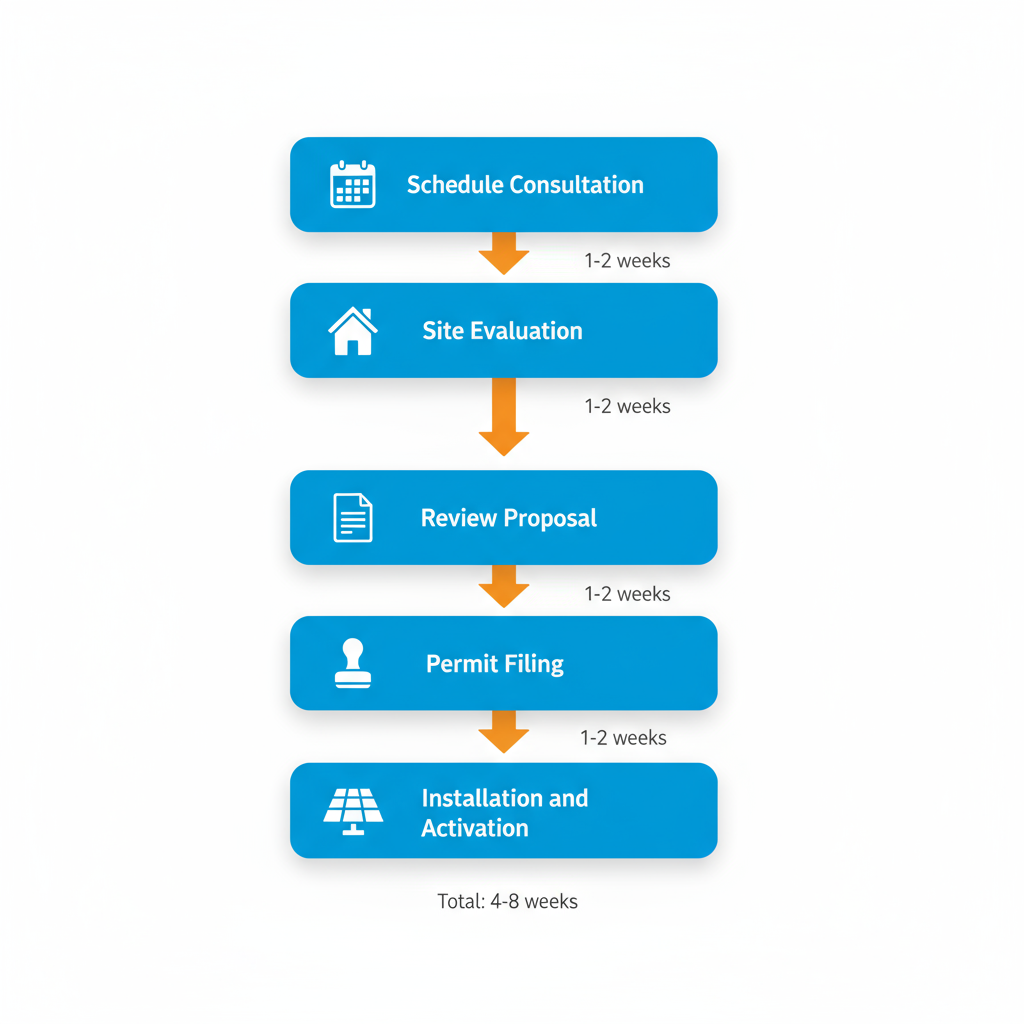 Vertical Process Flow Diagram Illustrating Five Steps For Solar Panel Installation In West Palm Beach, Including Consultation, Site Evaluation, Proposal Review, Permit Filing, And Activation.
