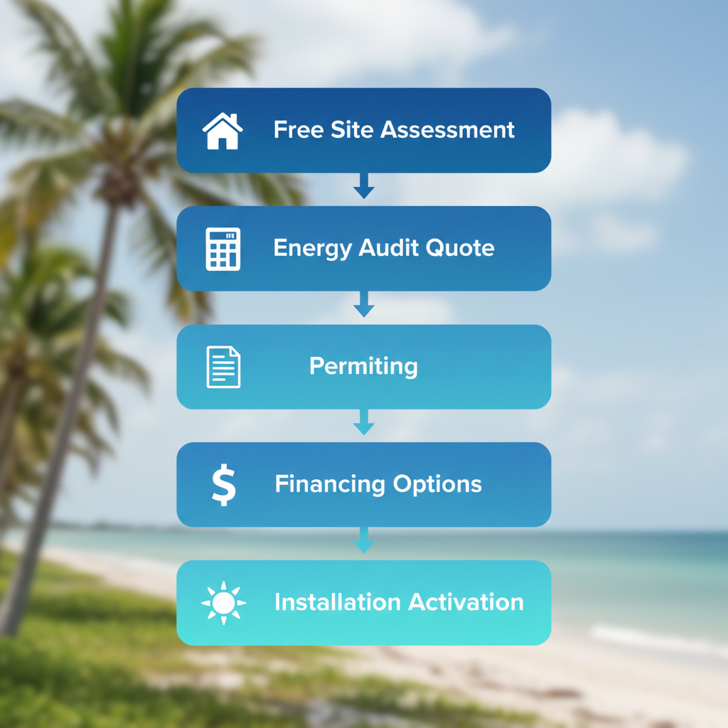 Vertical Process Flow Diagram Illustrating The Five Key Steps To Begin Solar Installation In Fort Myers: Free Site Assessment, Energy Audit And Quote, Permitting, Financing Options, And Installation Activation.
