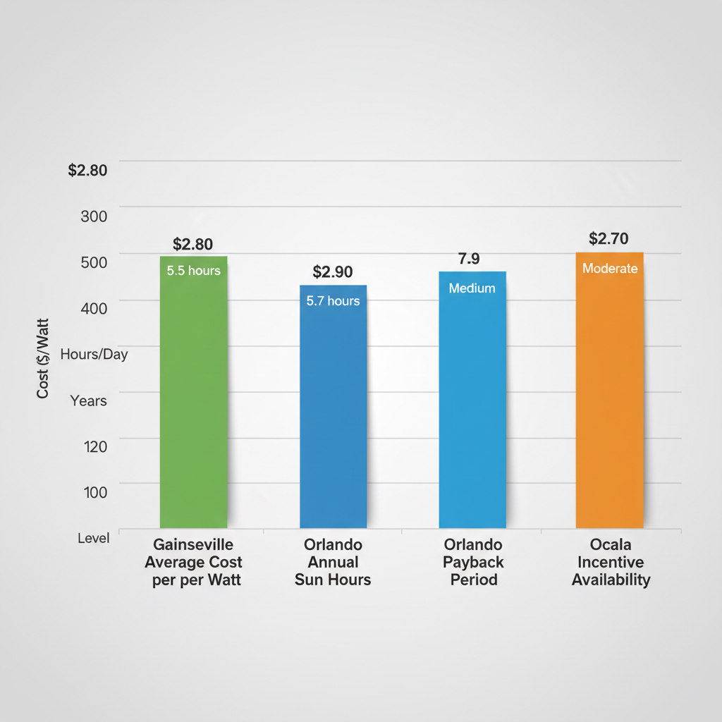 Bar Chart Comparing Average Solar Costs Per Watt, Annual Sun Hours, Payback Periods, And Incentive Availability For Gainesville, Orlando, And Ocala In Florida