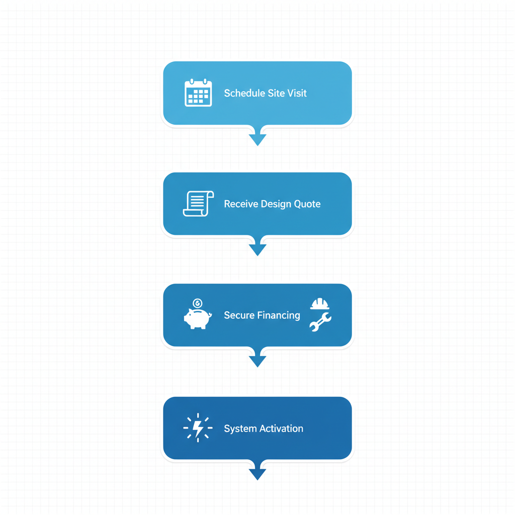 Vertical Process Flow Diagram Showing Five Steps For Solar Installation In Gainesville: Scheduling Site Visit, Receiving Design And Quote, Securing Financing And Permits, Installation By In-House Crews, And System Activation.