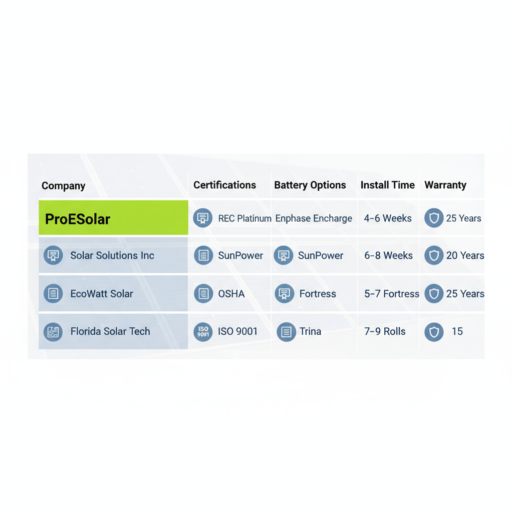 Infographic Table Comparing Solar Installers In West Palm Beach, Highlighting Proesolar'S Certifications, Panels, Batteries, Install Time, And Warranty