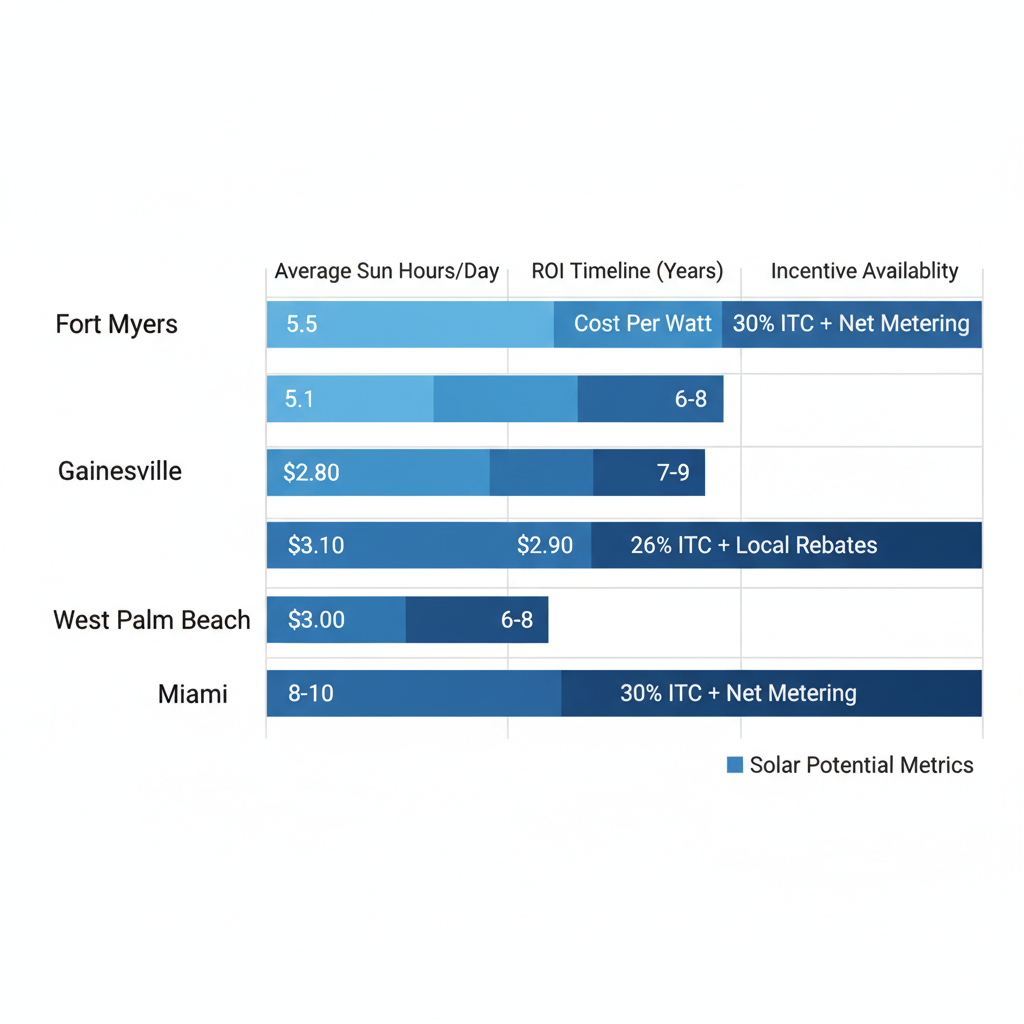Horizontal Bar Chart Comparing Solar Metrics Like Sun Hours, Cost Per Watt, Roi, And Incentives For Fort Myers And Other Florida Cities.