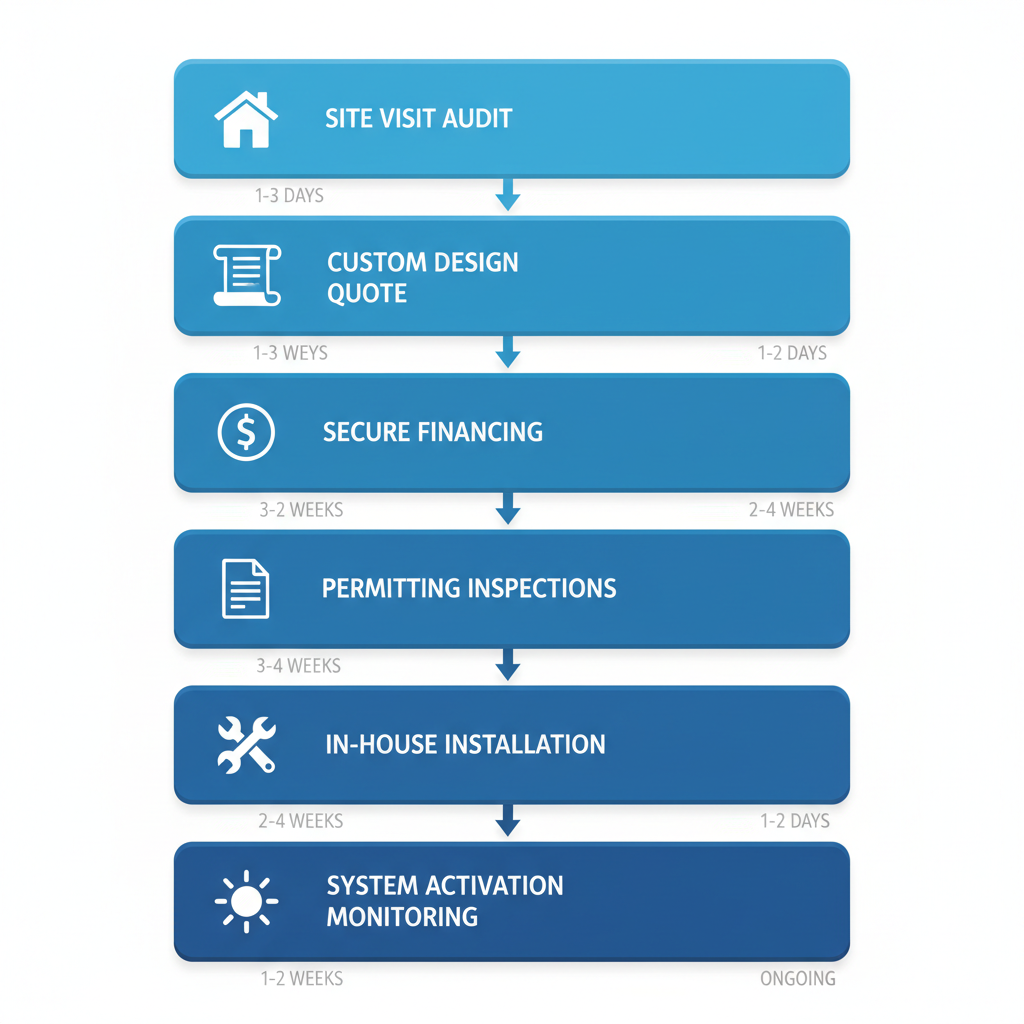 Vertical Process Flow Diagram Illustrating Six Steps Of Solar Installation In Fort Myers With Icons And Blue Gradients