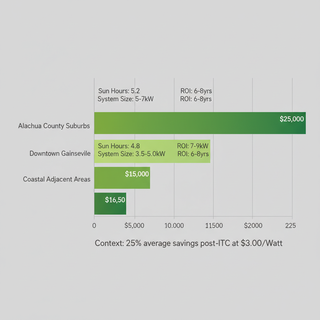 Horizontal Bar Chart Comparing Solar Potential, Costs, Sun Hours, System Sizes, And Roi In Gainesville Neighborhoods: Alachua County Suburbs, Downtown Gainesville, And Coastal Adjacent Areas.