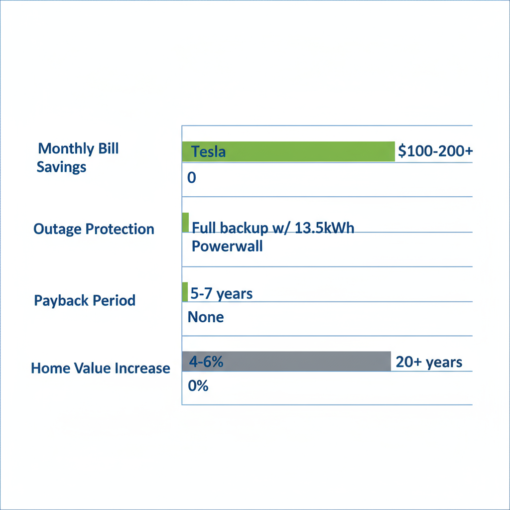 Horizontal Bar Chart Comparing Tesla Solar Advantages Over Traditional Utility In Gainesville, Showing Savings, Protection, Payback, And Value Increase.
