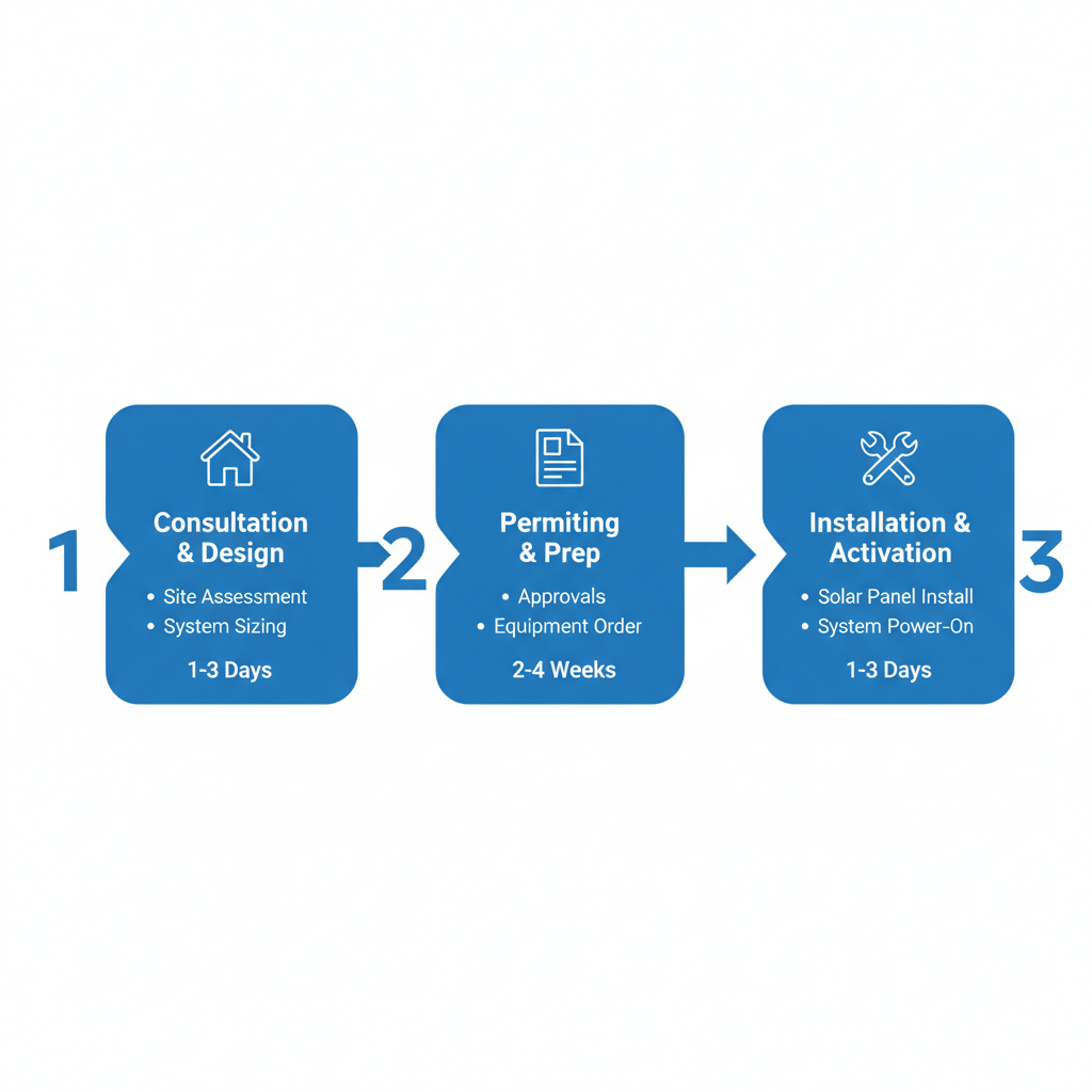 Horizontal Process Flow Diagram Showing Three Stages Of Tesla Solar Installation: Consultation And Design, Permitting And Preparation, Installation And Activation With Icons And Timeline.