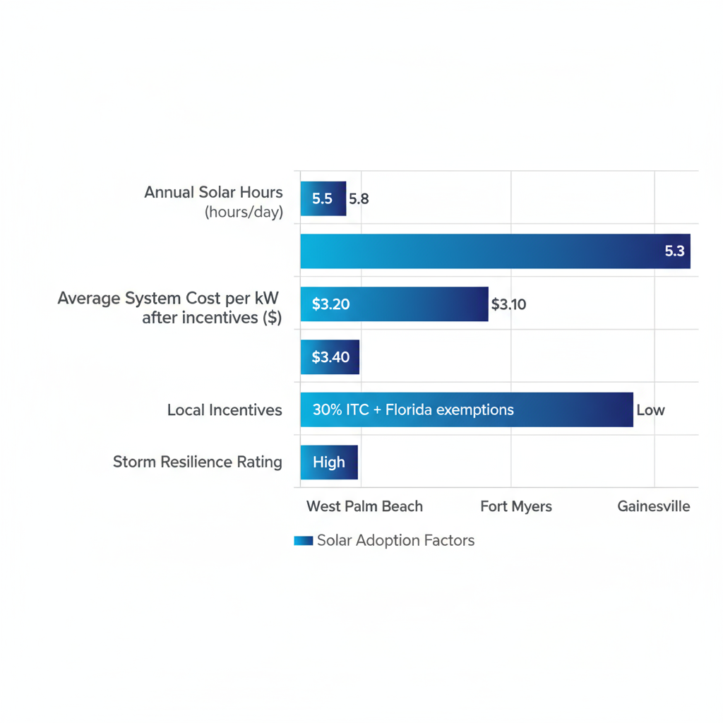 Horizontal Bar Chart Comparing Solar Adoption Factors In West Palm Beach, Fort Myers, And Gainesville