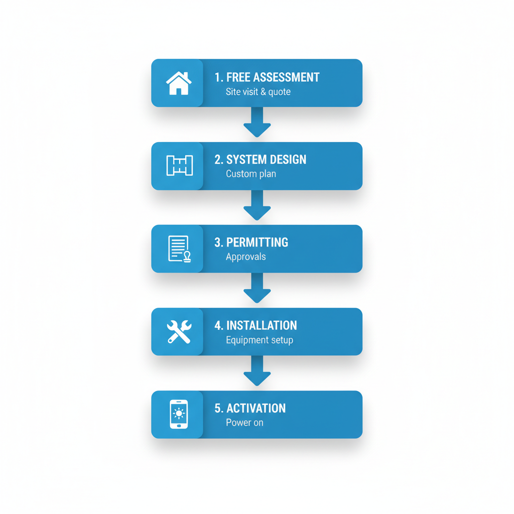 Vertical Process Flow Diagram Illustrating The Five Key Steps For Tesla Solar Installation In West Palm Beach, From Site Assessment To Activation.