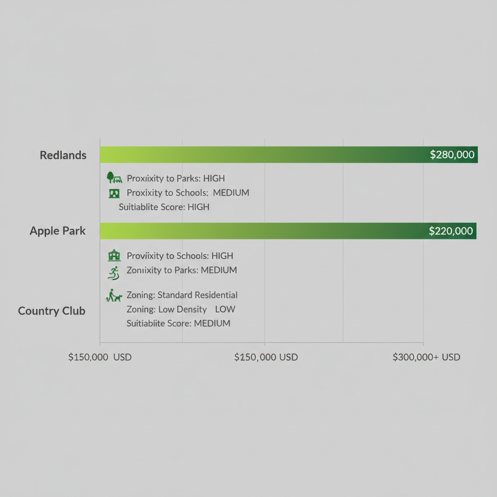 Horizontal bar chart comparing average lot prices in Grand Junction neighborhoods: Redlands, Apple Park, Country Club, with zoning and suitability annotations.