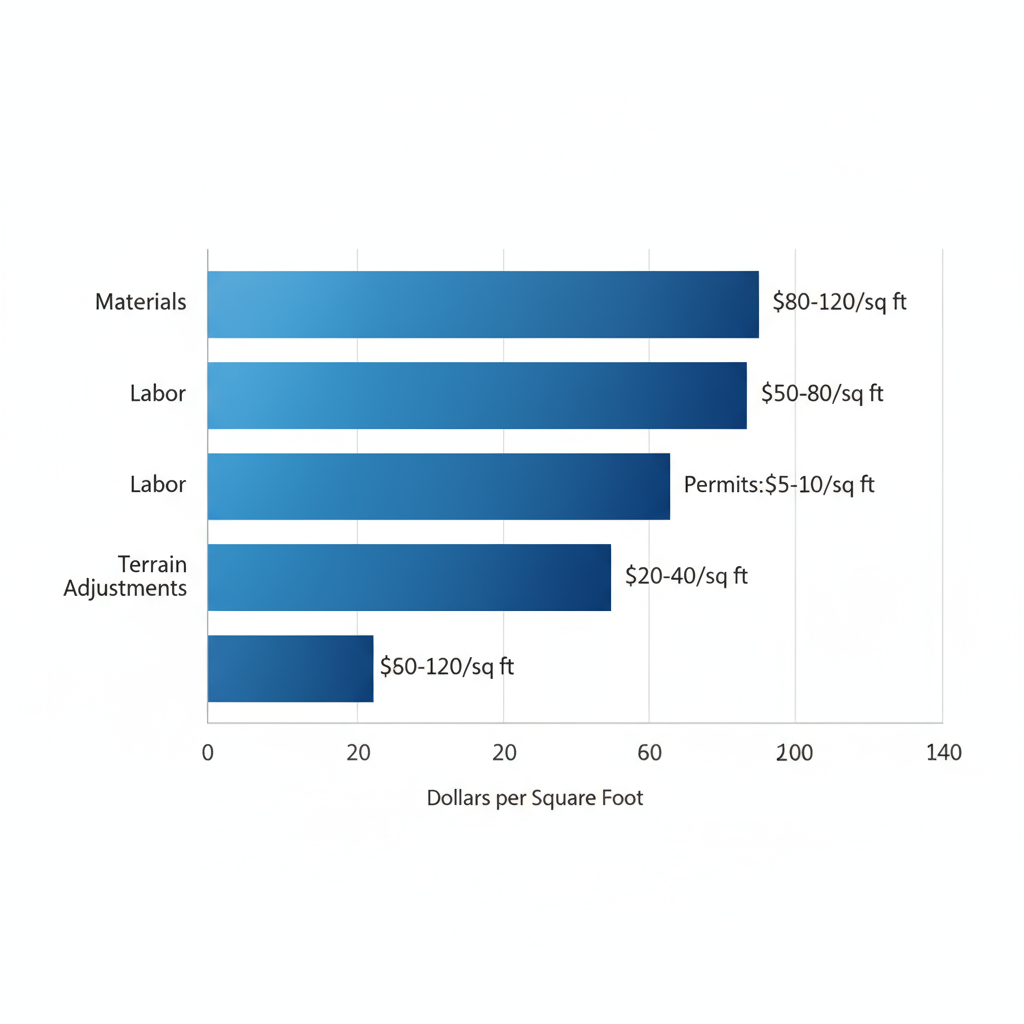 Horizontal bar chart showing average costs per square foot for custom home building in Grand Junction including materials, labor, permits, and terrain adjustments