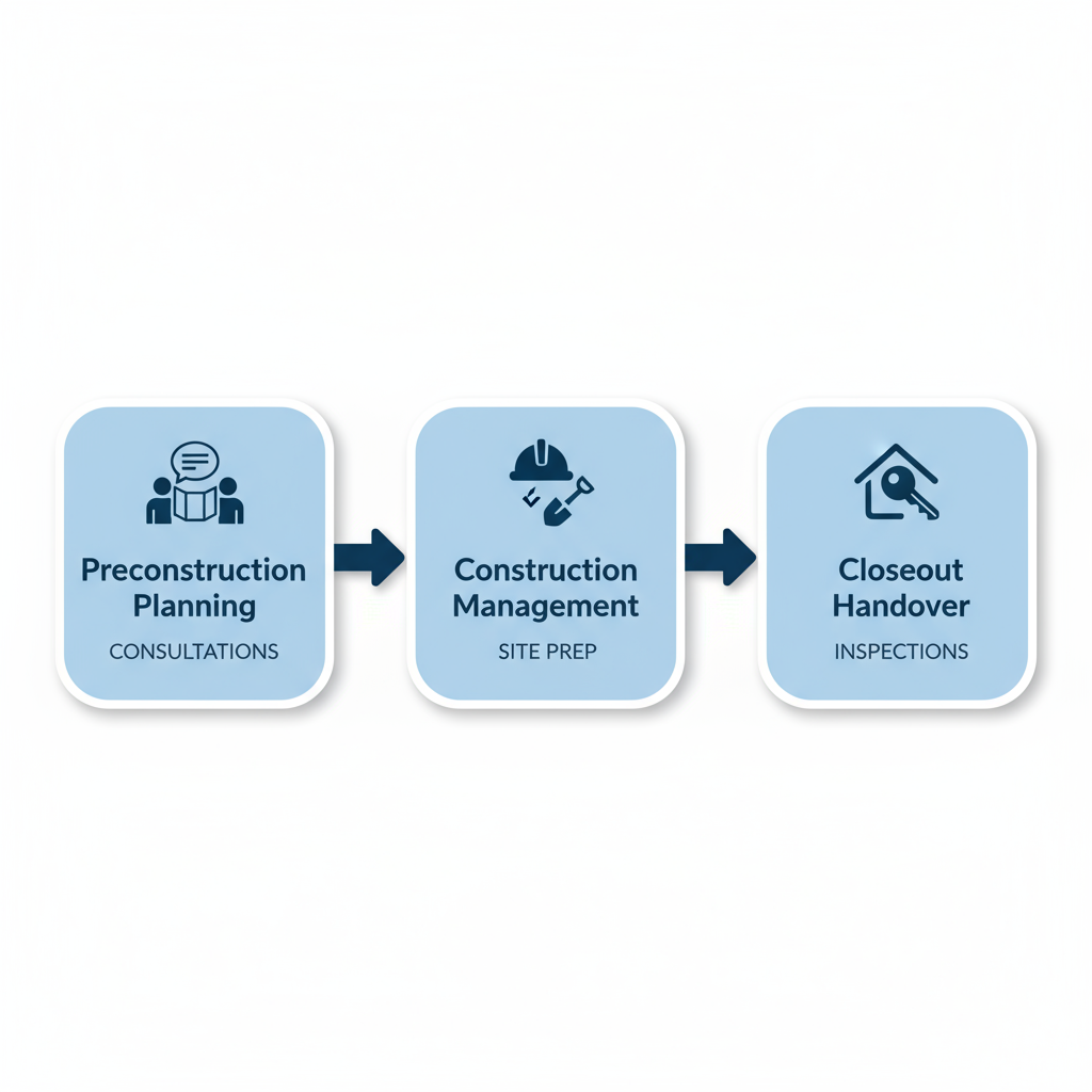 Horizontal process flow diagram of three stages in custom home building: preconstruction, construction, and closeout.