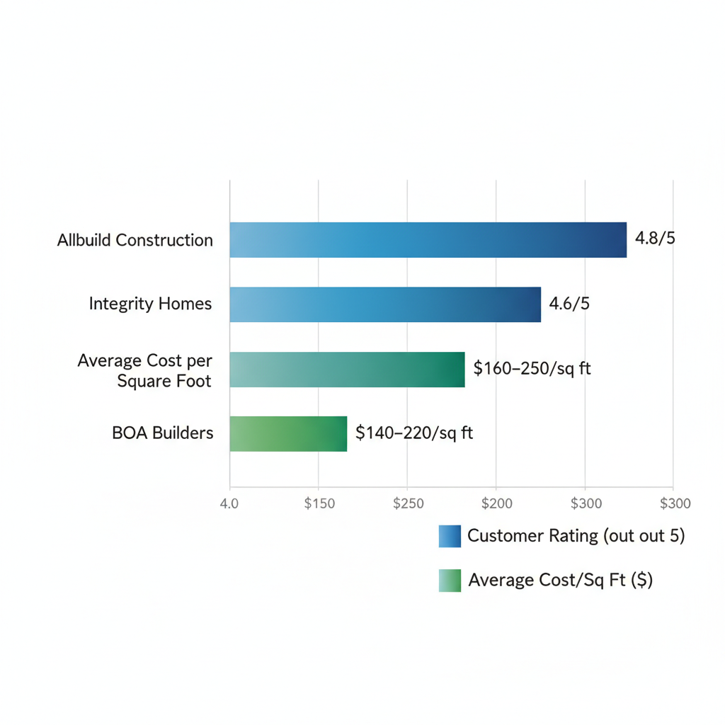 Horizontal bar chart comparing customer ratings and average costs per square foot for top Grand Junction home builders: Allbuild Construction, Integrity Homes, and BOA Builders.