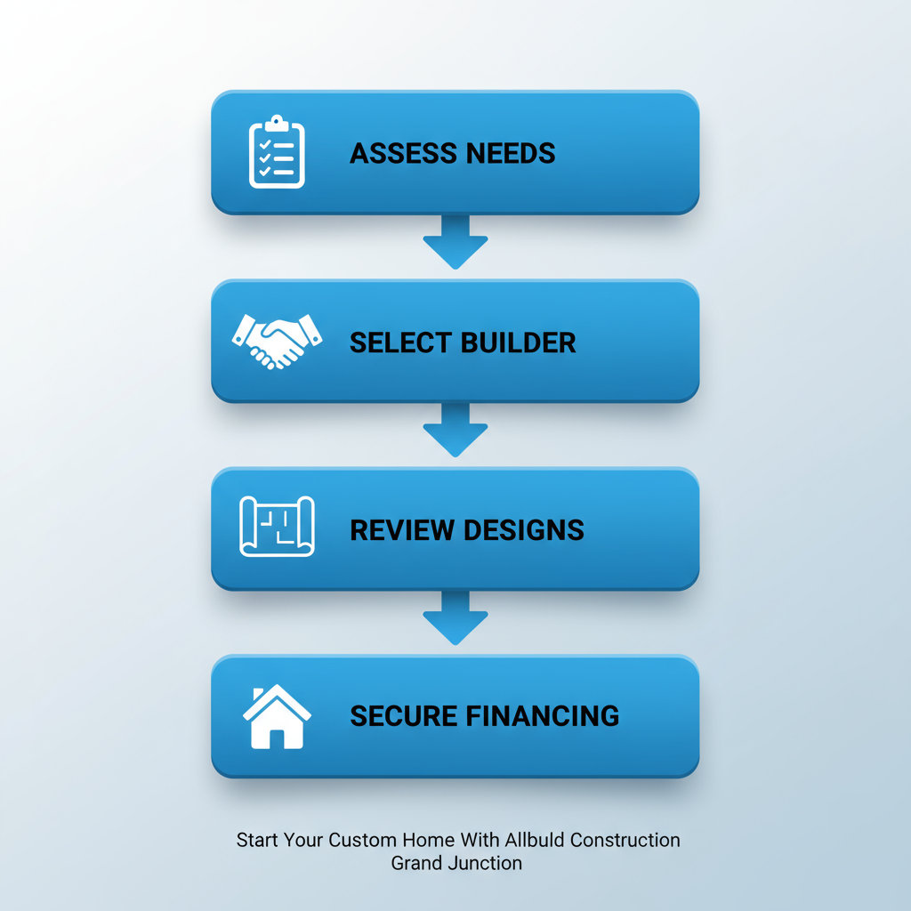 Vertical process flow diagram illustrating four key steps to start a custom home project: assess needs and budget, select a builder, review designs and permitting, secure financing and land.