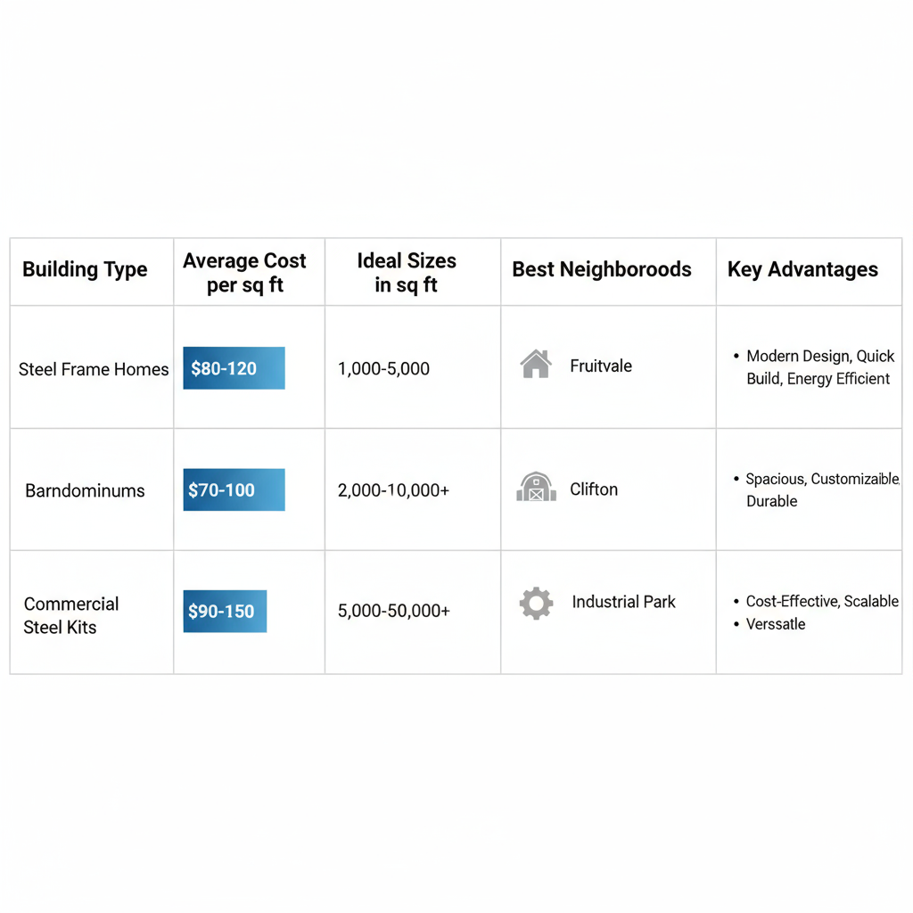 Horizontal bar chart comparing steel building types in Grand Junction by cost, size, neighborhoods, and advantages