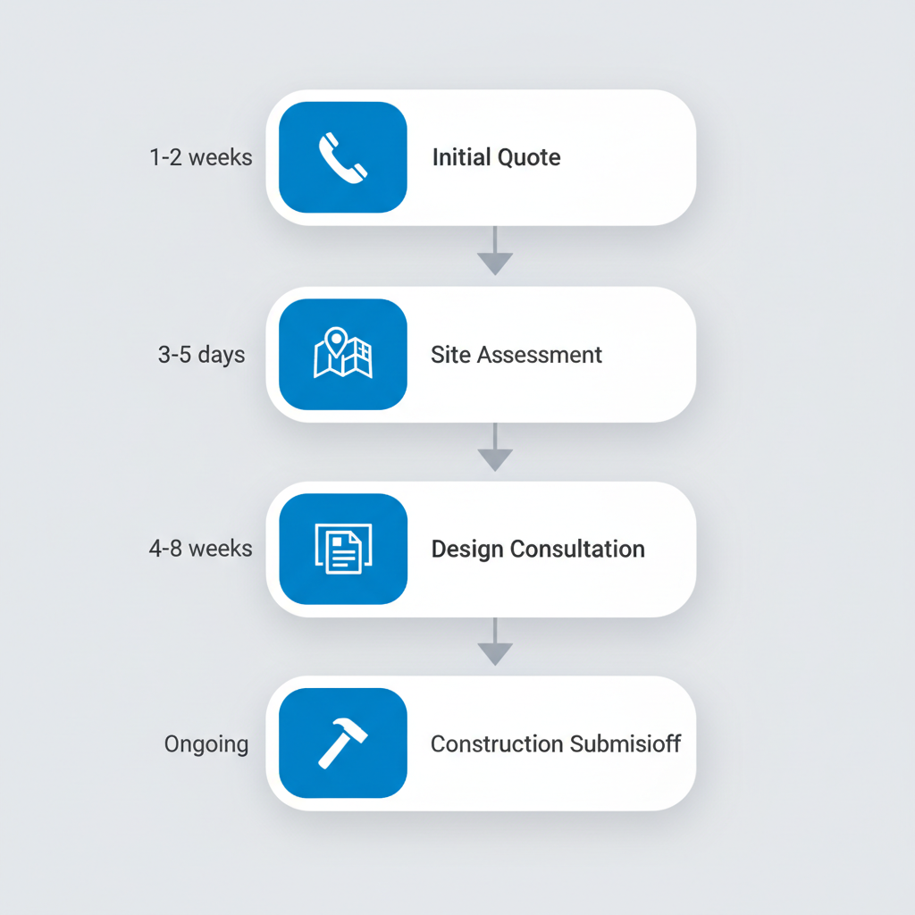 Vertical process flow diagram illustrating five steps for building a steel structure: quote request, site assessment, design consultation, permitting submission, and construction kickoff.