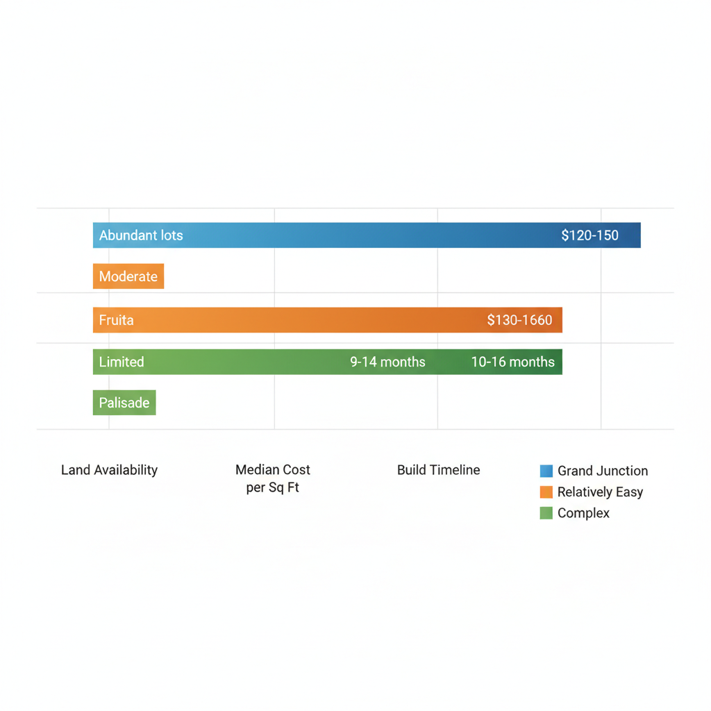 Horizontal bar chart comparing barndominium construction factors: land availability, median cost per square foot, build timeline, and permit ease across Grand Junction, Fruita, and Palisade