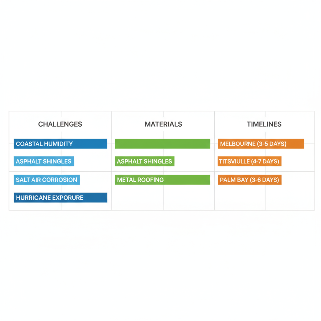 Horizontal bar chart comparing roofing challenges, materials, and replacement timelines in Brevard County areas: Melbourne, Titusville, and Palm Bay