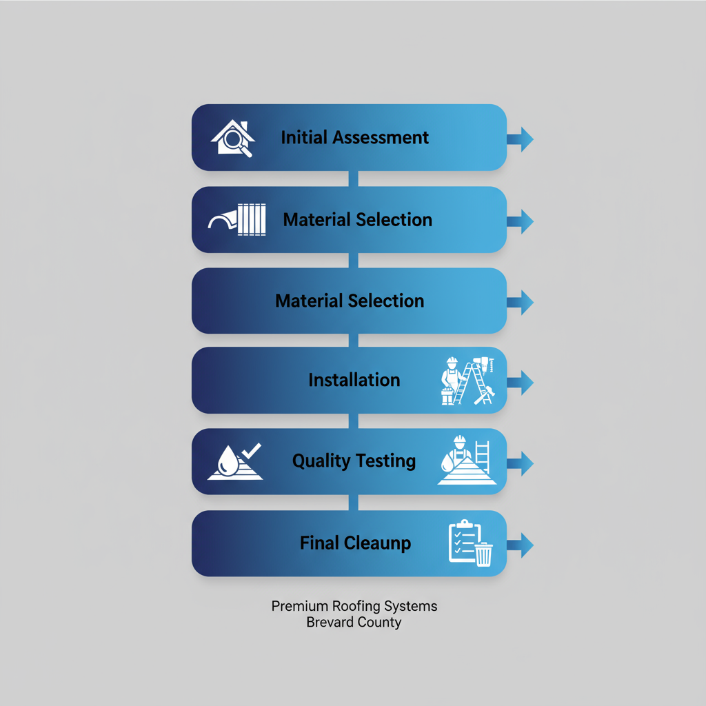 Process flow diagram illustrating the five key steps in a full roof replacement by Premium Roofing Systems
