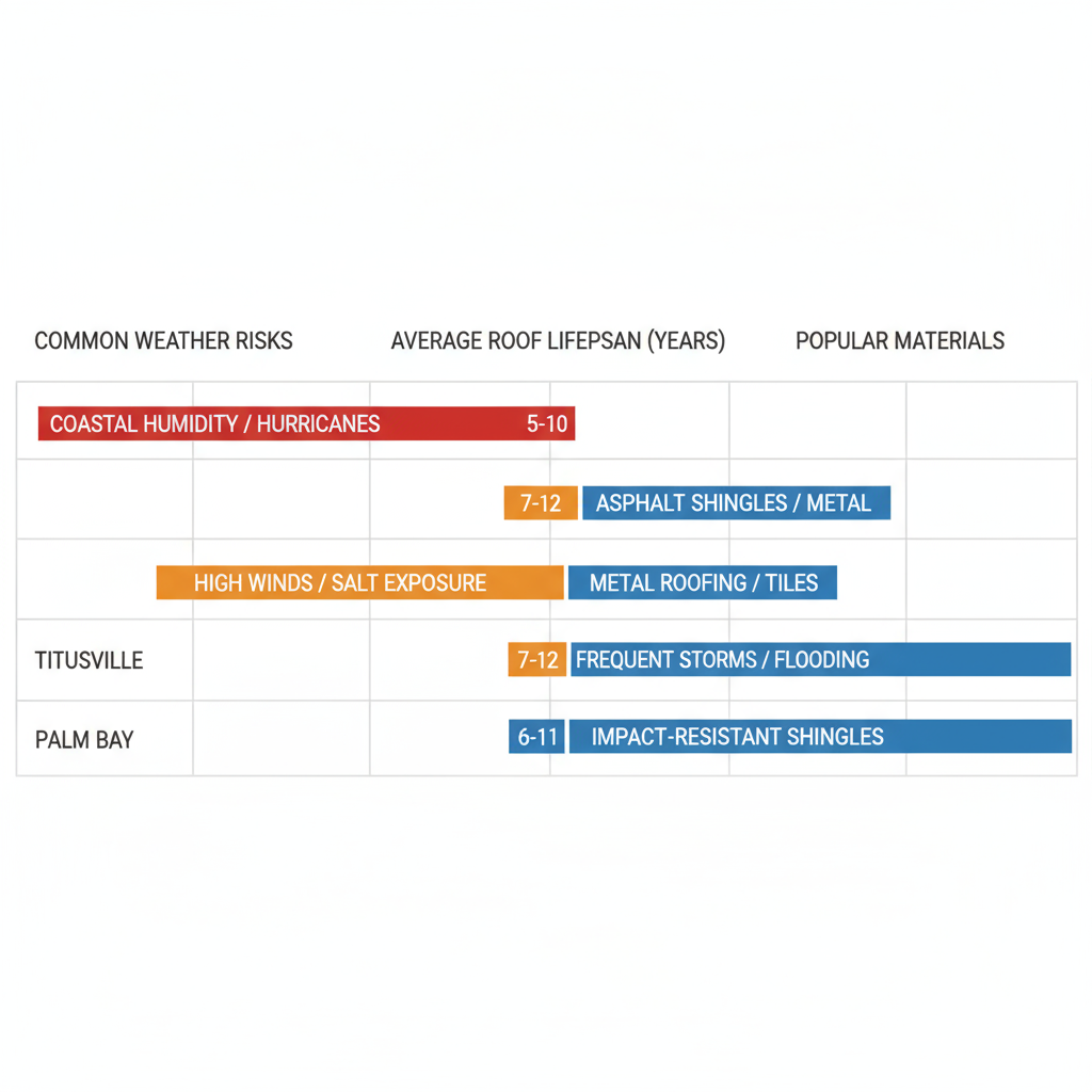 Horizontal bar chart comparing weather risks, roof lifespans, and materials in Melbourne, Titusville, and Palm Bay.