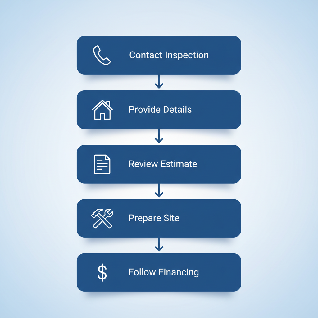 Vertical process flow diagram illustrating five steps to start a roofing project in Melbourne with icons for contact, details, estimate, site preparation, and financing.