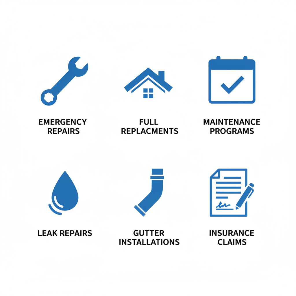 Grid of icons representing key roofing services: emergency repairs, replacements, maintenance, leak repairs, gutters, and insurance claims.