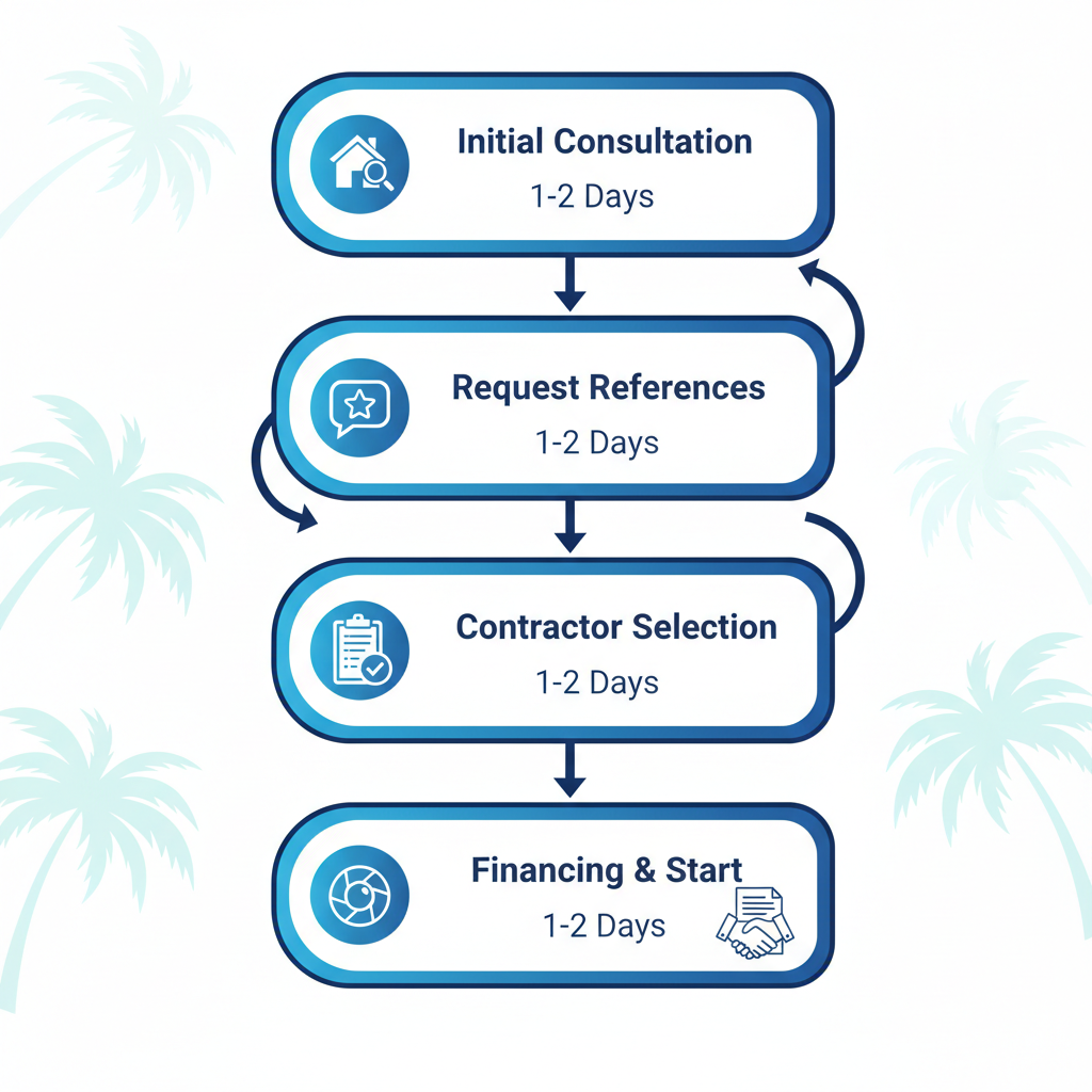Vertical process flow diagram showing 5 key steps to initiate a roofing project in Melbourne FL, including consultation, references, selection, preparation, and financing with icons and timelines.